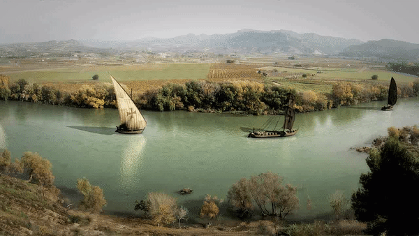 Les barques carregades de cereals navegant pel riu Ebre a l'altura d'Ascó (Ribera d'Ebre) Les barques carregades de cereals navegant pel riu Ebre a l'altura d'Ascó (Ribera d'Ebre)