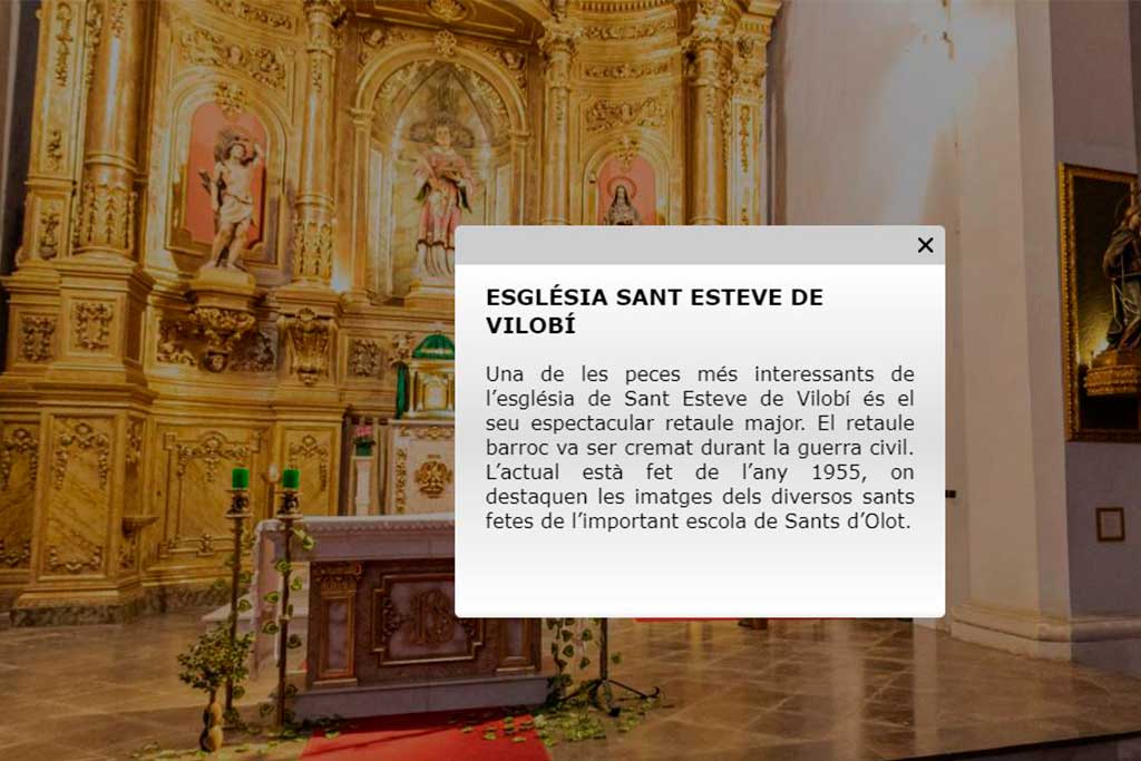 Detall d'un text aplicatiu dins una visita virtual, Església de Sant Esteve de Vilobí d'Onyar (La Selva)
