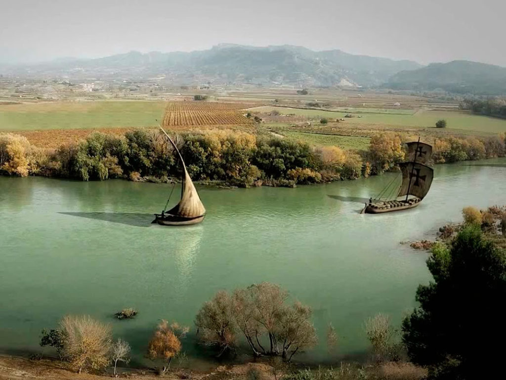 Recreació de barques medieval sobre el riu Ebre al seu pas per Ascó
